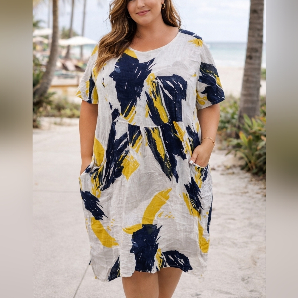 Plus-Size White Linen Dress with Navy & Yellow Brushstroke Print